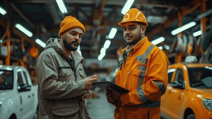 Young taxi company owner with a tablet standing with a mechanic dressed like a mechanic in a garage. Generative AI.