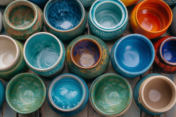 Multicolored patterned ethnic ceramic tableware.