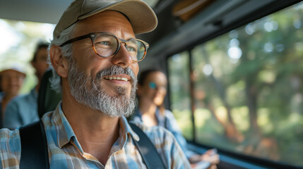 Smiling man with a beard and glasses rides in public transport. - obrazy, fototapety, plakaty