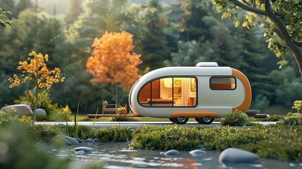 Modern concept of family travel, The house on wheels rides along the road on a patch of nature, 3d render. Generative AI.