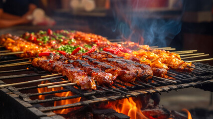 Grilled kebab on a barbecue grill, close-up