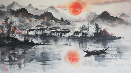 Serene Lake Scene with a Red Sun: A Chinese Ink Painting