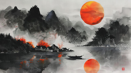 Chinese Ink Wash: A Small Boat on a Lake at Dusk 