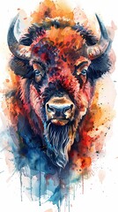 Sketchy bison portrait wallpaper in watercolor colorful desing isolated .