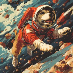 Oldschool space adventure scene featuring a brave canine astronaut with a retro rocket pack drifting through a stylized asteroid belt.