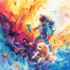 Playful artwork showing a dog in a spacesuit and a small green alien floating past a colorful nebula.