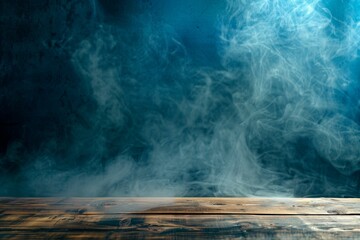 Smoke rising from empty wooden table on dark background - product display space. Beautiful simple AI generated image in 4K, unique. - obrazy, fototapety, plakaty
