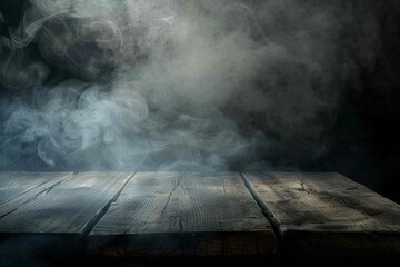 Misty Atmosphere - Fog and Haze Over Wooden Surface - Abstract Halloween Background. Beautiful simple AI generated image in 4K, unique. - obrazy, fototapety, plakaty