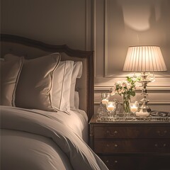 Luxurious Bridal Suite Bathed in Soft Light, Featuring a Plush Bed, Chic Nightstand with Candles, and Elegant Flowers - Perfect for Creating Memorable Moments