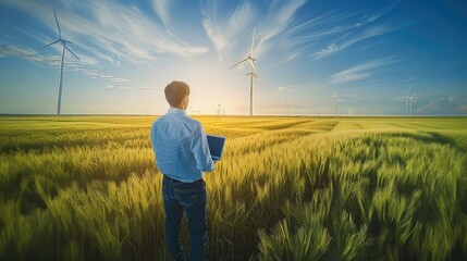 Asian engineer holding a laptop in his hand, standing in a green wheat field, with wind turbines in the distance. Generative AI.