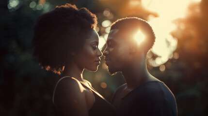 A closeup of an African American couple looking at each other lovingly, highlighted by the soft natural light around them. , natural light, soft shadows, with copy space