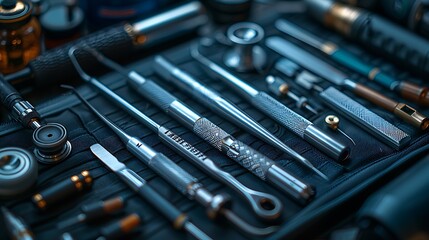 Experience the beauty of functionality in the close-up view of medical tools, each component a masterpiece of design and engineering, captured in full ultra HD glory.