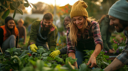 Jardinage communautaire en groupe par une journée ensoleillée






