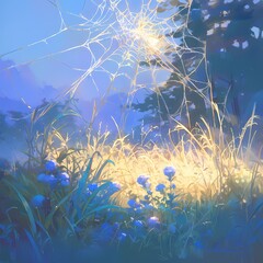 Fototapeta na wymiar An otherworldly scene of glowing spiders spinning a web amidst a mystical meadow at sunset.