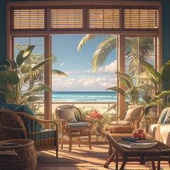 Experience serenity in this coastal living room with panoramic ocean views and rattan furniture. Relax on the beach-inspired patio amidst lush greenery.