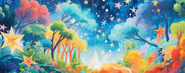 Fototapeta na wymiar A painting of a forest with trees and stars