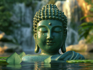 buddha statue on a waterfall zen garden background, spirituality and meditation, peace and love,...