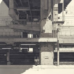 An intriguing monochromatic line drawing showcases an abandoned industrial station, with a solitary staircase leading the eye into its depths.