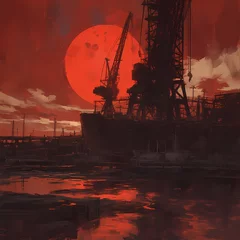 Papier Peint photo Lavable Bordeaux A captivating industrial landscape under a stunning red moon, featuring silhouetted cranes and shipping docks in the heart of a city's nightlife.