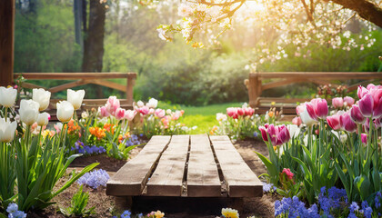 wooden platform, spring, spring landscape, flowers and clouds, colorful landscape