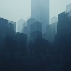 Glass-Skyscraper Cityscape: Twilight, Mysterious Fog, Business District Ambiance