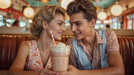 Young 1950s era couple sharing a milkshake on a date in a diner