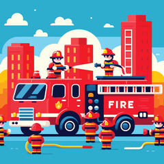 illustration of a firefighter with a fire truck