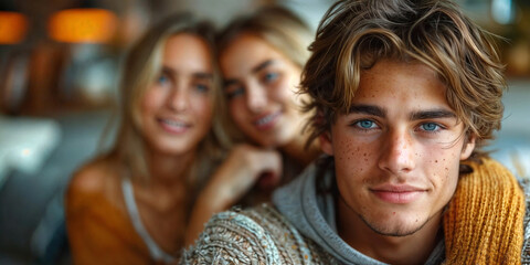 Cute young man with female admirers in background 