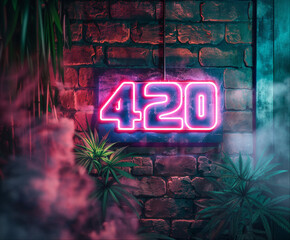 A glowing neon sign that says 420 in a smokey room with brick walls