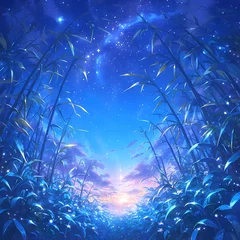 Crédence de cuisine en verre imprimé Bleu foncé Enjoy the serene beauty of a bamboo forest under a stunning starlit sky. This captivating image captures the essence of tranquility and natural wonder.