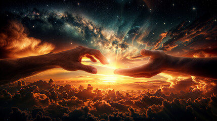 Two hands reaching for one another in front of clouds and sun