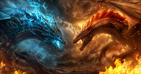 Red and blue dragons face off in confrontation, fire and ice contrast