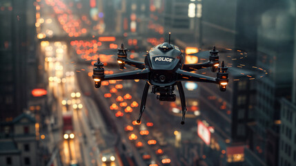 Police drone performing surveillance patrol over traffic in busy city