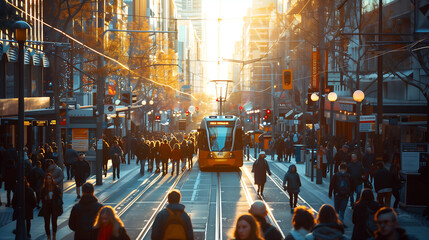 Tramway et foule en soirée urbaine ensoleillée