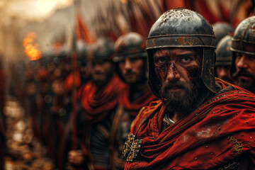 Roman soldiers in formation after battle - obrazy, fototapety, plakaty