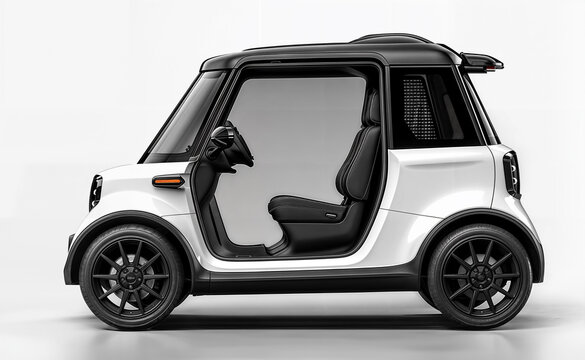 Tiny car concept side view on white background