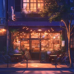 Charming Quaint Cafe with Softly Glowing Windows and Adorable Outdoor Seating for a Perfect Evening Escape