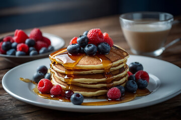 A large plate of golden pancakes, generously topped with honey and sprinkled with fresh berries. A cup of coffee is in the background 