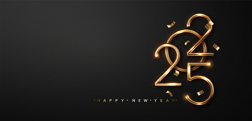 2025 golden number with falling confetti on black background. Greeting New Year and Merry Christmas design with realistic gold metal number of year.