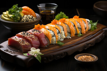Exquisite Sushi Selection on Wooden Platter