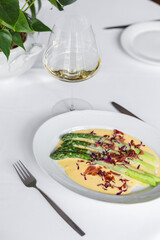 Delicious grilled asparagus with cheese sauce. Food photography, restaurant food presentation.
