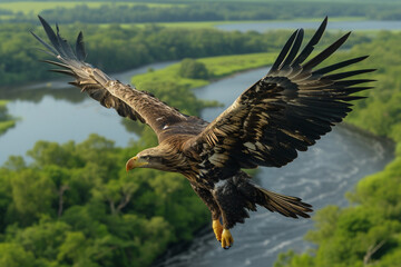 Eagle Soaring Above Marshlands