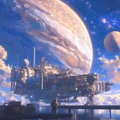 Explore the Future of Space Travel with This Stunning Rendition of a Cosmic Habitat Against the Background of a Massive Gas Giant