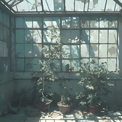 Vintage Abandoned Greenhouse - Timeless Plant Life Through Cracks of Windows