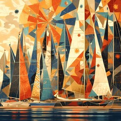 A Collection of Colorful Sailing Boats in Motion on the Ocean's Surface - obrazy, fototapety, plakaty