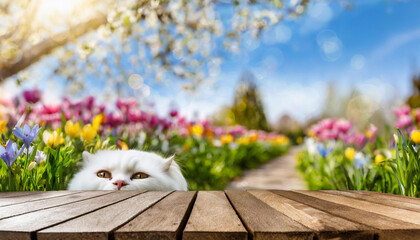 
wooden platform, spring, spring landscape, flowers and clouds, colorful landscape, cat, bokeh