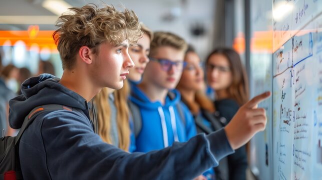 Teen Points to Schedule in Busy School Hallway