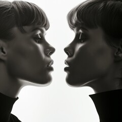 Artistic profile view of a symmetrical female face reflecting concept of duality.