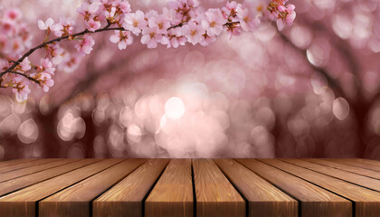 
wooden platform, spring, spring landscape, cherry blossoms, colorful landscape, trees, bokeh