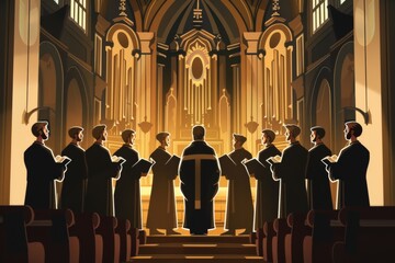A choir gathered in a gothic church, depicted in warm tones, suitable for religious, musical, and cultural themes - obrazy, fototapety, plakaty